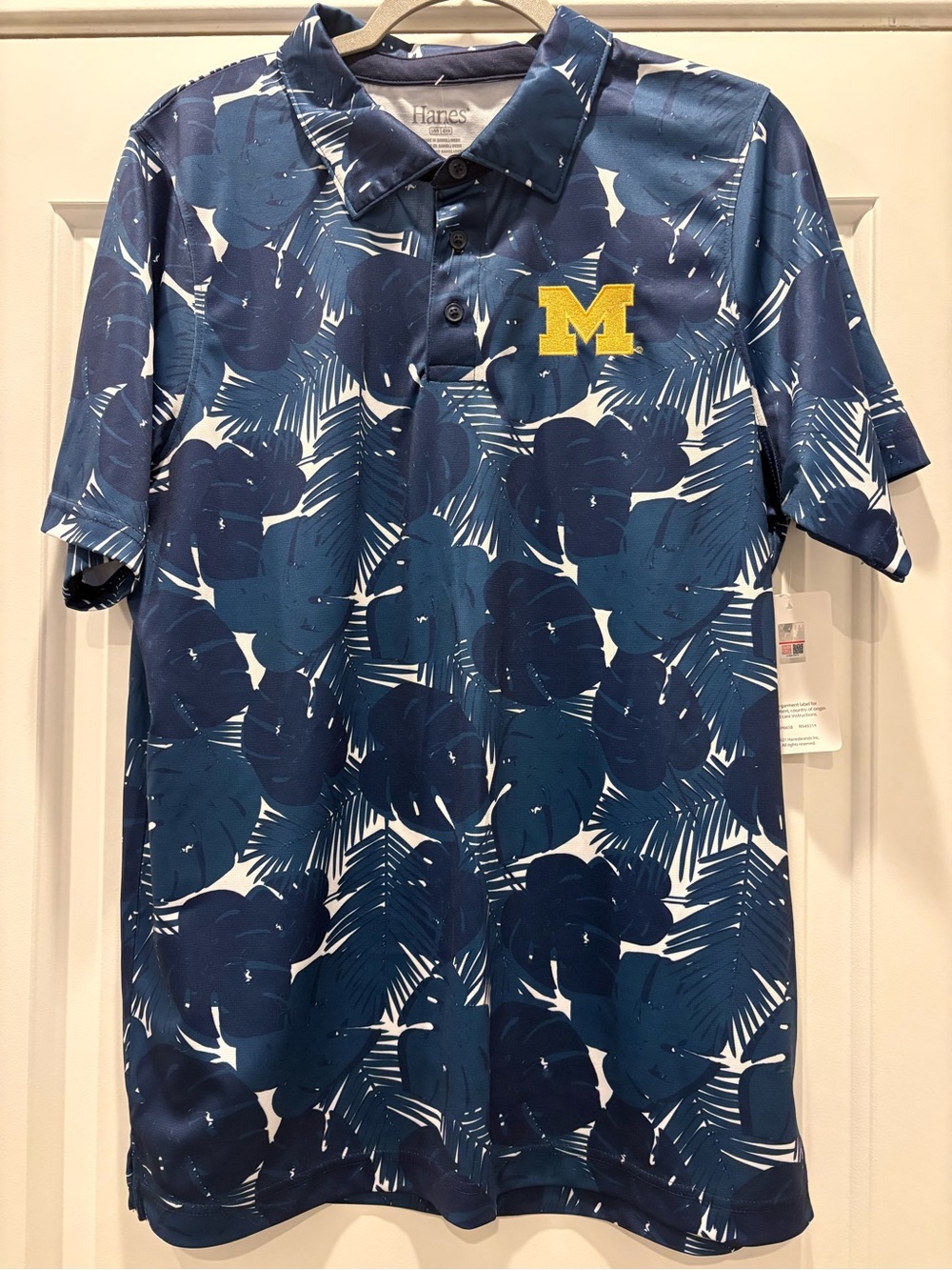 Hanes Men's Navy Blue Floral Polo with Yellow M Patch